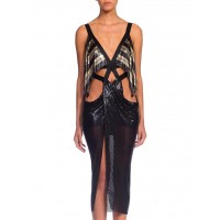 MORPHEW ATELIER Black & Gold Metal Mesh Satin Ribbon Bondage Strap Cutout Cocktail Dress