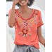 Women Ethnic Print Scoop Neck Short Sleeve Bohemian T  Shirts