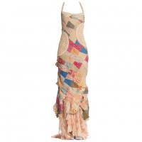 MORPHEW COLLECTION Silk & Cotton Antique Patchwork Quilt Gown With Chiffon Ruffled Train
